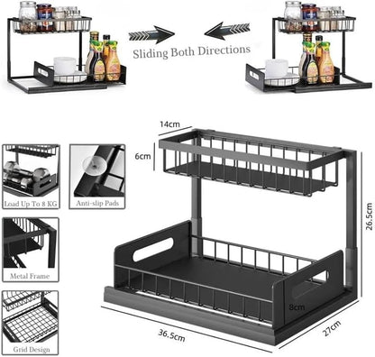 GENERIX 2-Tier Under Sink Organiser, Sliding Storage Drawer, Metal Frame, 27 cm x 36.5 cm x 26.5 cm, Black