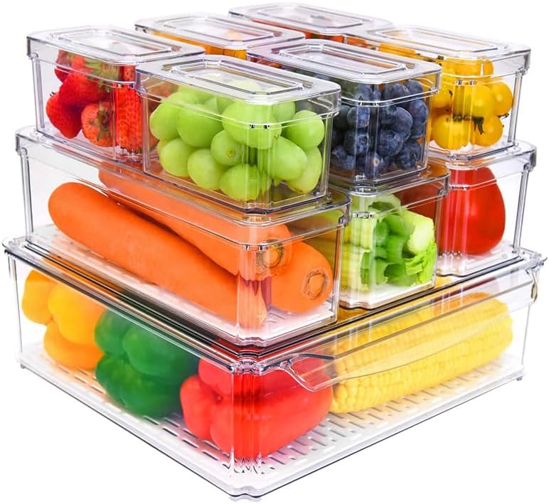 generix fridge organisers set of 10 – stackable bpa-free clear storage containers with lids – fruit, vegetable & food storage for fridge – keep food fresh and organized
