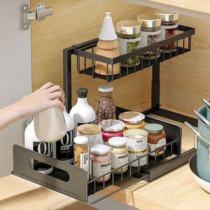 GENERIX 2-Tier Under Sink Organiser, Sliding Storage Drawer, Metal Frame, 27 cm x 36.5 cm x 26.5 cm, Black
