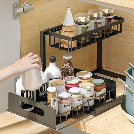 GENERIX 2-Tier Under Sink Organiser, Sliding Storage Drawer, Metal Frame, 27 cm x 36.5 cm x 26.5 cm, Black