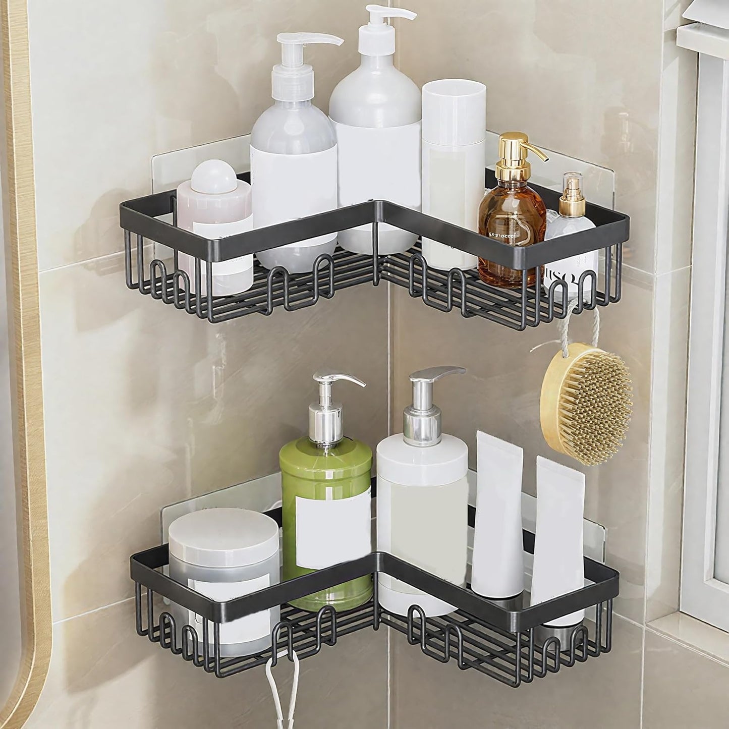 generix corner shower caddy 2 pack – rustproof stainless steel bathroom shelf, matte black, no drilling adhesive mount, space-saving corner organizer for shampoo & toiletries