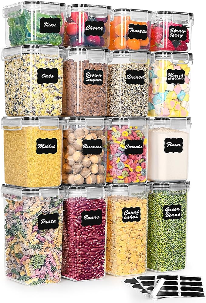 airtight food storage containers with lids – bpa-free plastic pantry organizer set – stackable kitchen storage bins for cereal, flour, sugar, rice, pasta, snacks & dry food organization